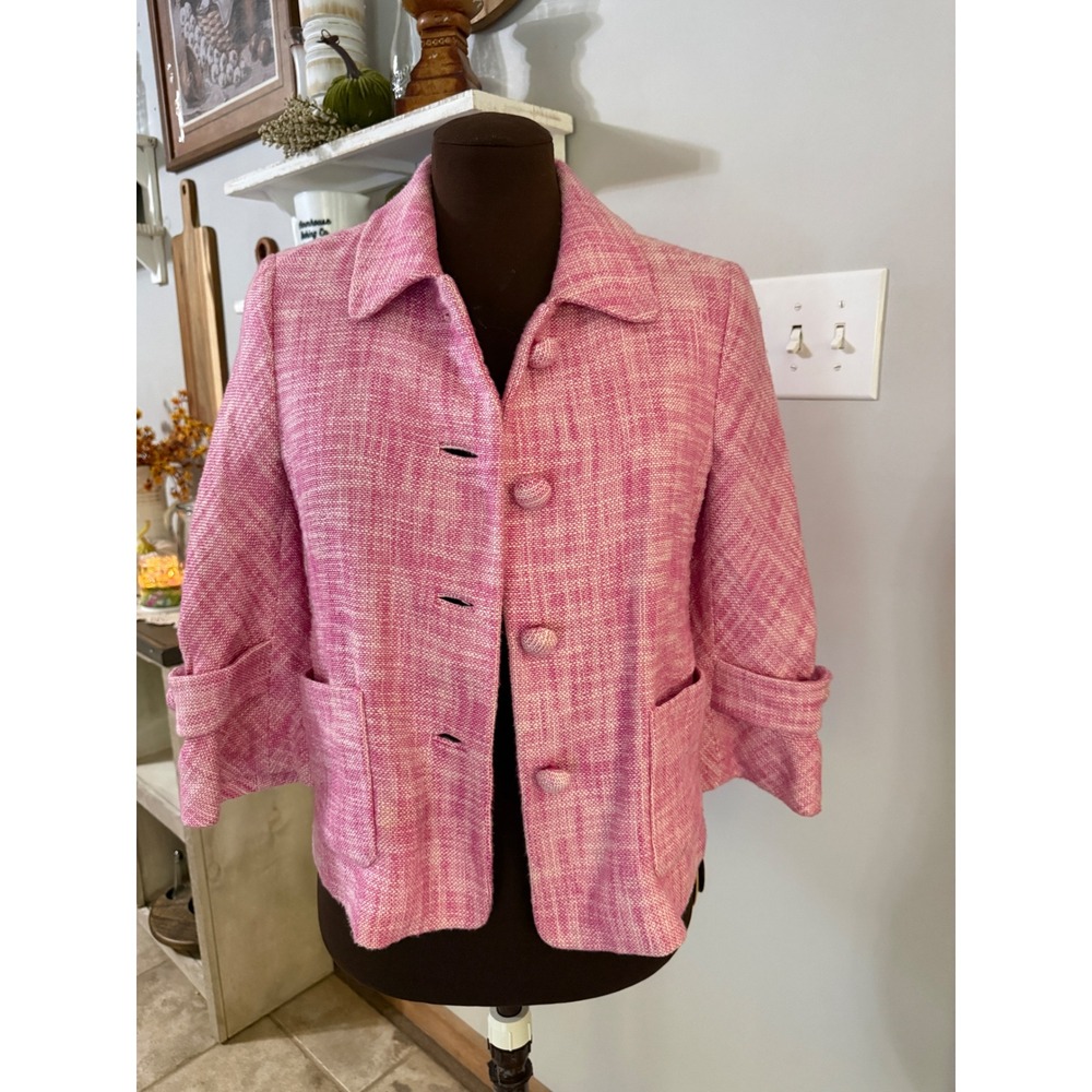 J.Crew Pink Tweed Blazer Jacket 4 Pink tailored preppy office career Barbie